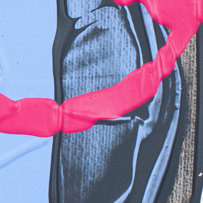 Abstract close-up artwork with a bright pink curved shape layered over a textured black and blue-gray vertical form on a pale blue background.