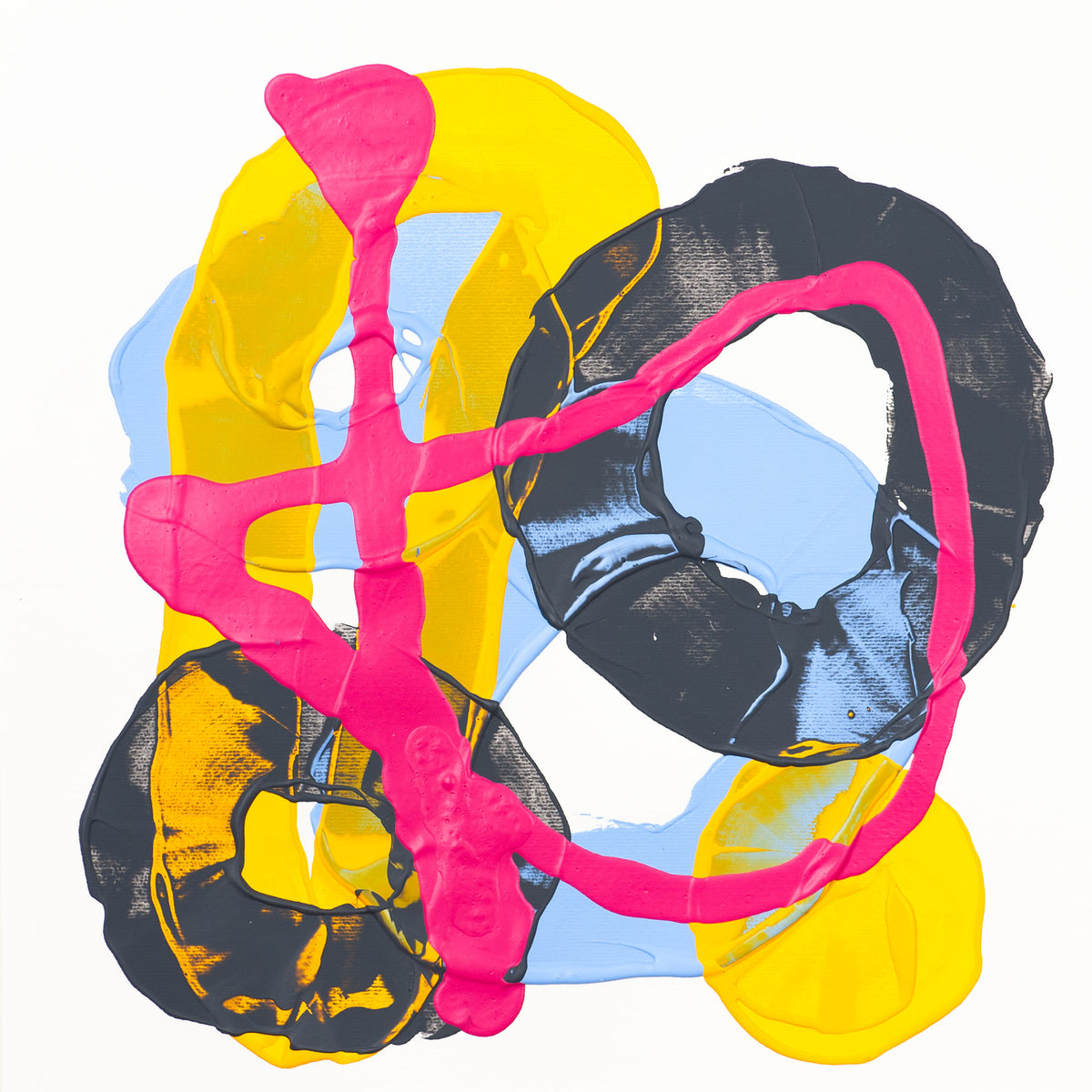 Abstract art print featuring bold, layered organic shapes in bright yellow, black, hot pink, and light blue on a white background.