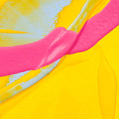 Abstract fluid art print featuring a bold diagonal band of hot pink paint over a bright yellow background with textured light blue and white brushstrokes.