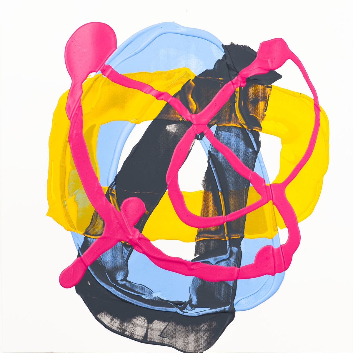 Abstract mixed-media artwork featuring layered translucent shapes in light blue, bright yellow, hot pink, black, and brown on a white background.