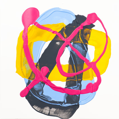 Abstract mixed-media artwork featuring layered translucent shapes in light blue, bright yellow, hot pink, black, and brown on a white background.