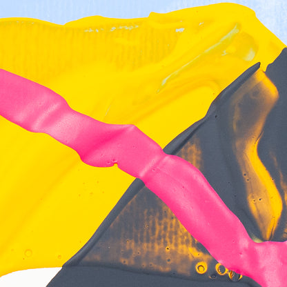 Abstract close-up of thick paint with a large yellow area, a dark charcoal section, and a bright pink diagonal stroke.