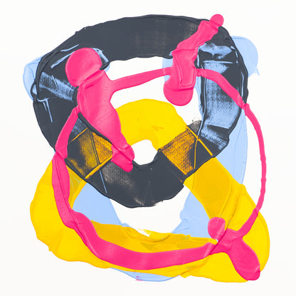 Abstract pop art painting featuring bold, textured brushstrokes in neon pink, yellow, black, light blue, and white, depicting stylized human figures.