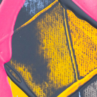 A close-up of a colorful abstract pattern featuring textured yellow and black sections framed by bright pink and dark gray curved shapes.