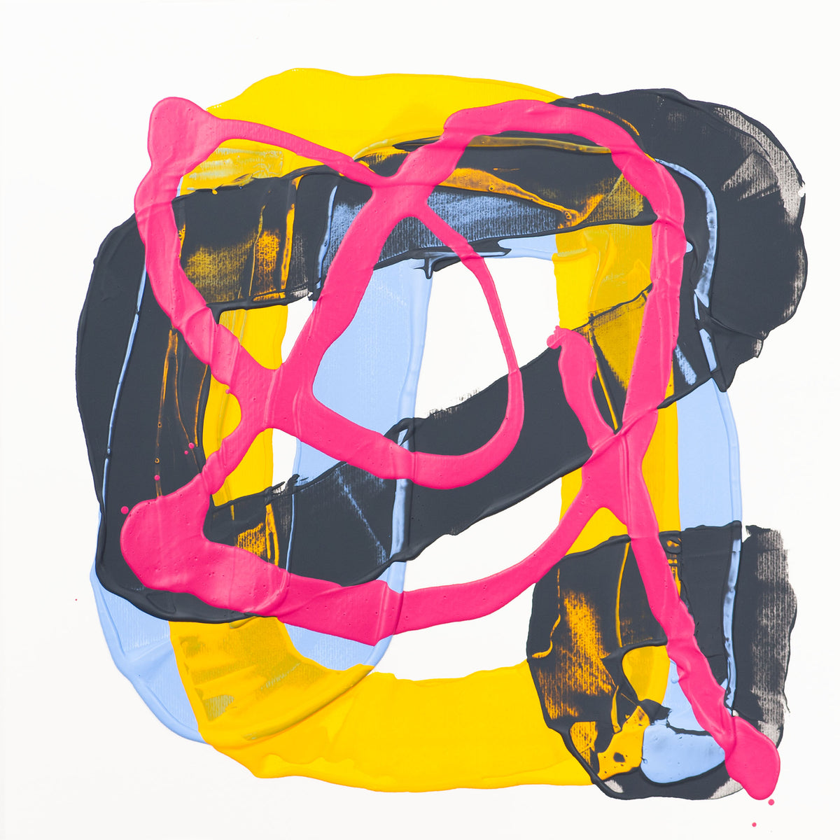 Abstract acrylic painting with thick, expressive brushstrokes in bright pink, yellow, black, light blue, and white on a white background.