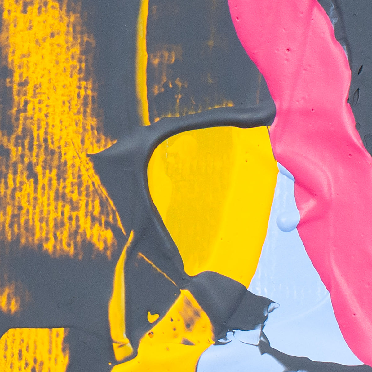 Abstract paint texture with thick swaths of black, bright yellow, hot pink, light blue, and orange on a neutral background.