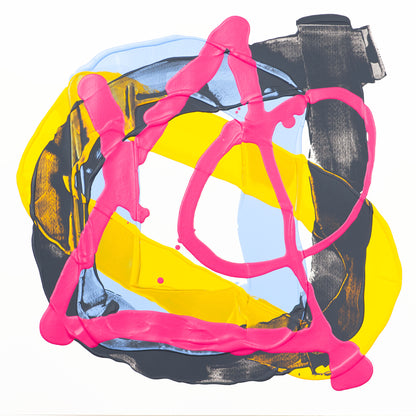 Abstract expressionist painting featuring bold, thick strokes of hot pink, yellow, black, and light blue paint on a white background.