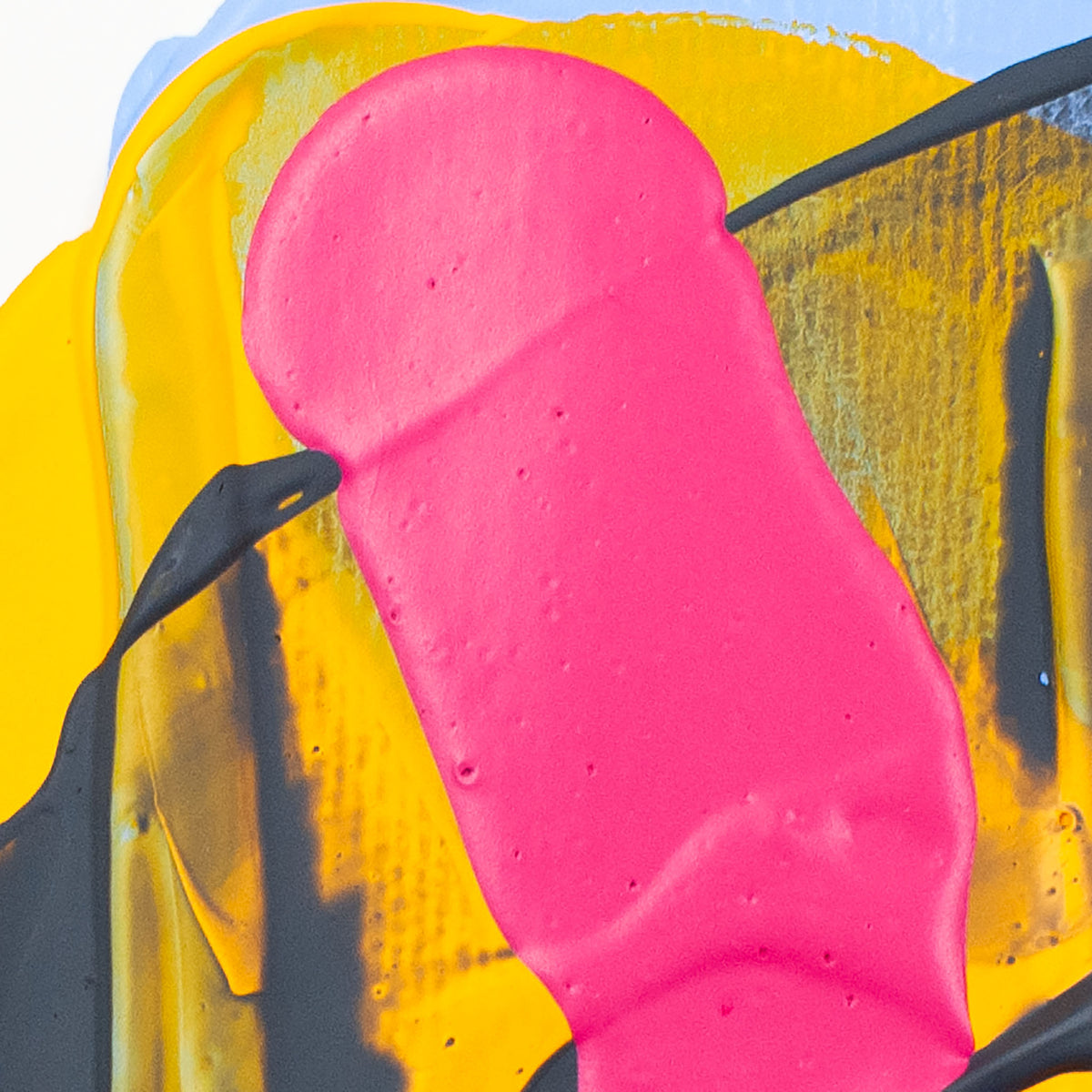 Abstract close-up of thick textured paint with a prominent bright pink shape layered over a yellow background with black and gray brushstrokes.