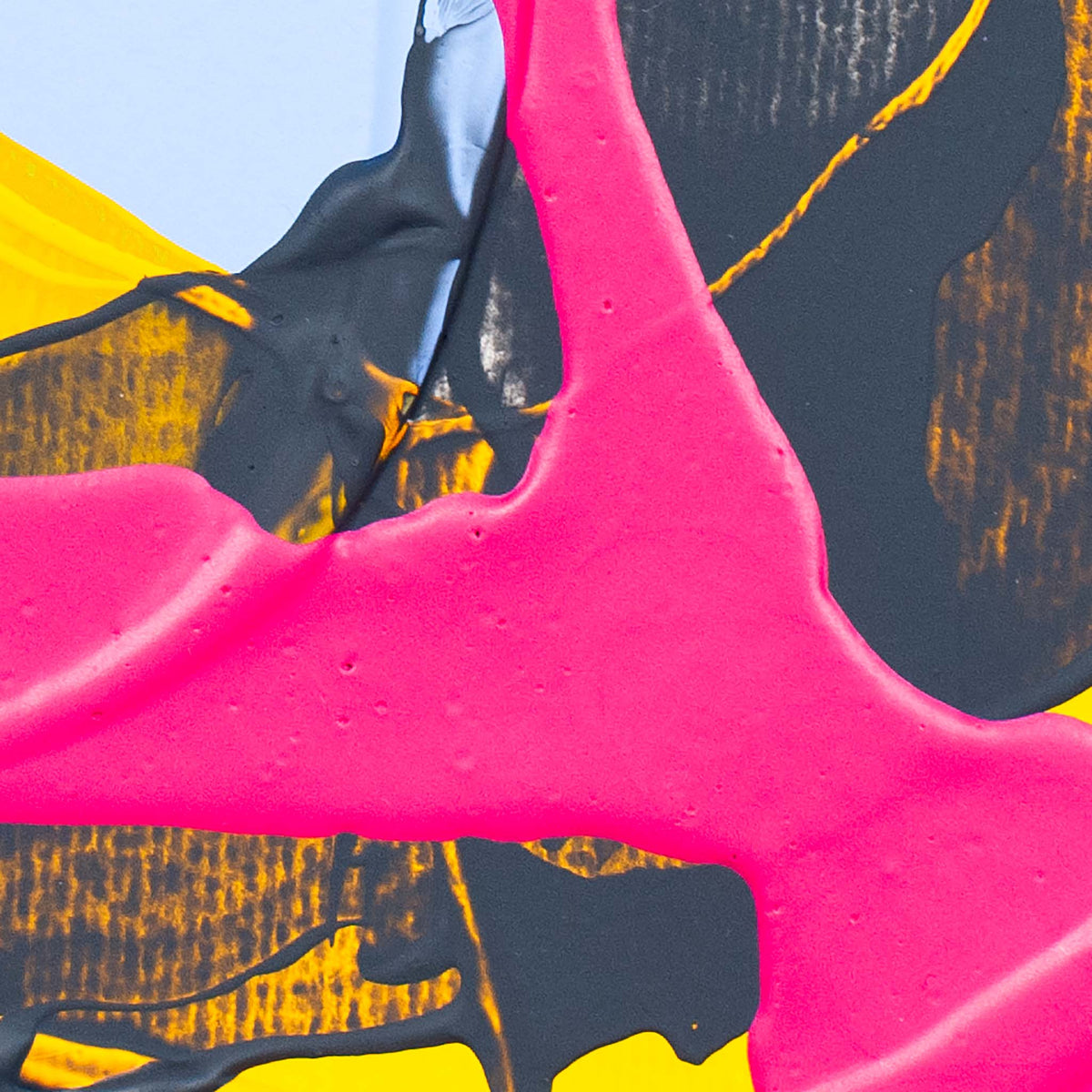 Abstract acrylic painting with bold strokes of hot pink, black, yellow, and light blue, featuring visible water droplets on the surface.