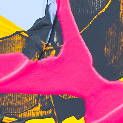 Abstract acrylic painting with bold strokes of hot pink, black, yellow, and light blue, featuring visible water droplets on the surface.