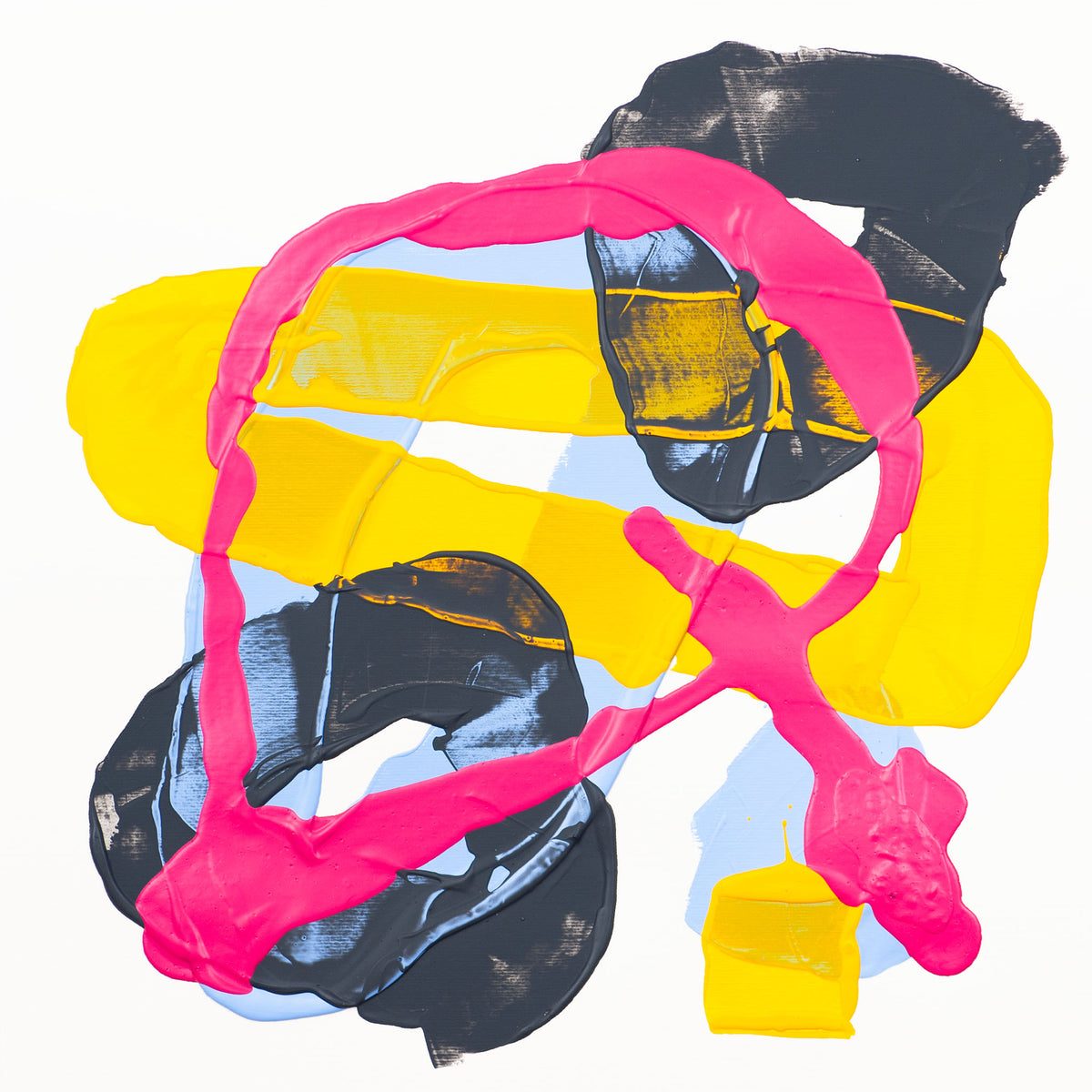 Abstract acrylic painting with bold brushstrokes in hot pink, yellow, black, and light blue on a white background.