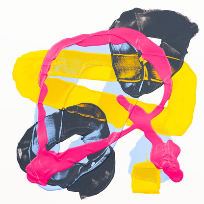 Abstract acrylic painting with bold brushstrokes in hot pink, yellow, black, and light blue on a white background.