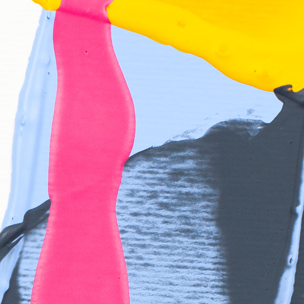 Abstract painted composition with broad brushstrokes in bright pink, yellow, light blue, charcoal gray, and white.