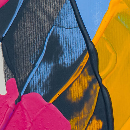 Abstract close-up artwork with bold painted shapes in black, blue, yellow, pink, and light blue, including visible texture and dripped paint details.