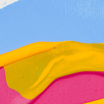 Abstract colorful artwork with broad blocks of sky blue, bright yellow, and vivid pink paint or pigment.