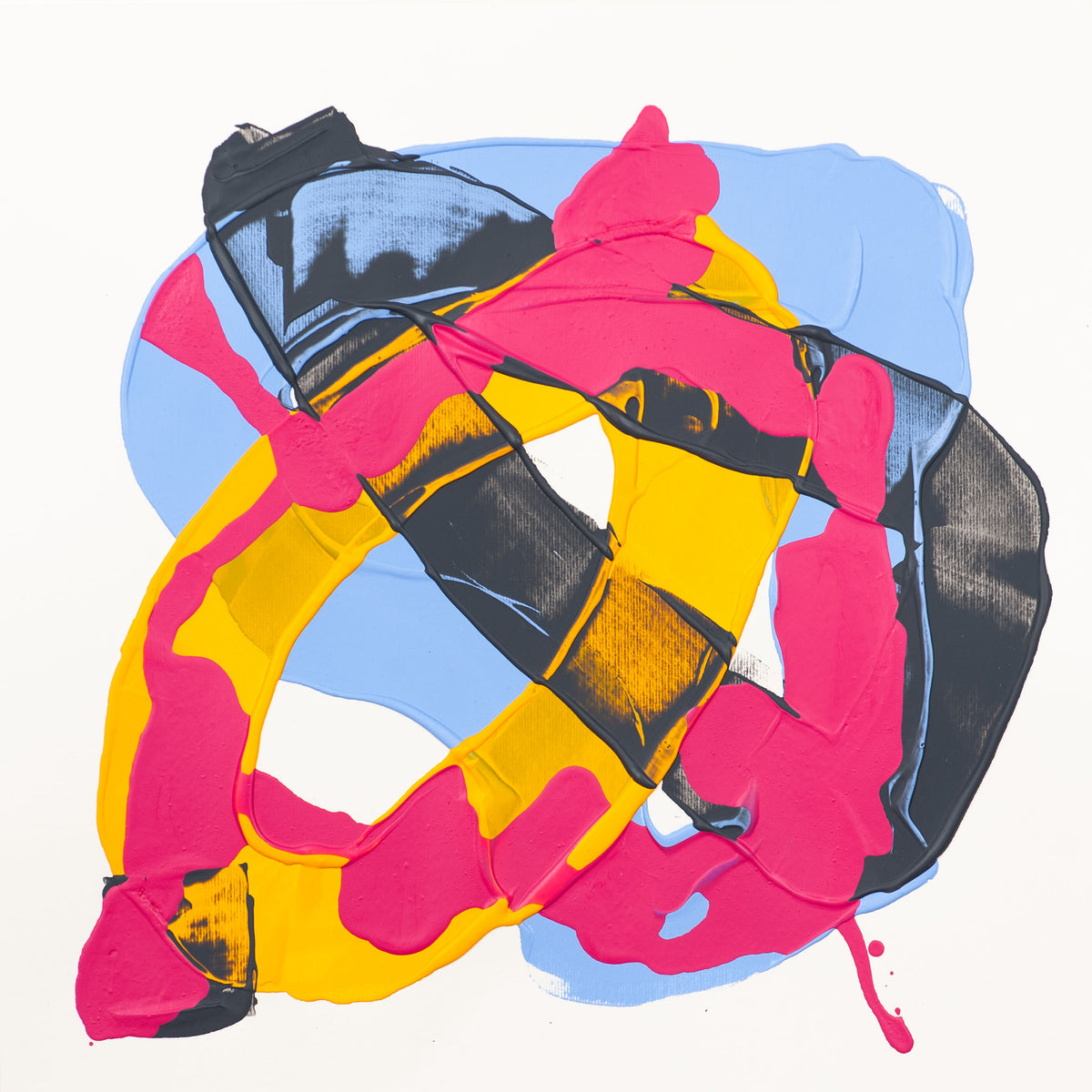 Abstract expressionist painting featuring thick, textured brushstrokes of hot pink, yellow, light blue, and black on a clean white background.