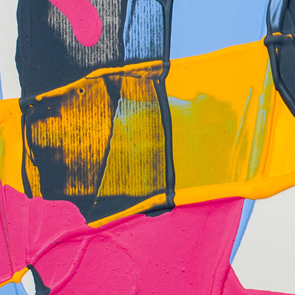 Abstract close-up artwork with thick textured paint blocks in bright pink, yellow, black, blue, and white.