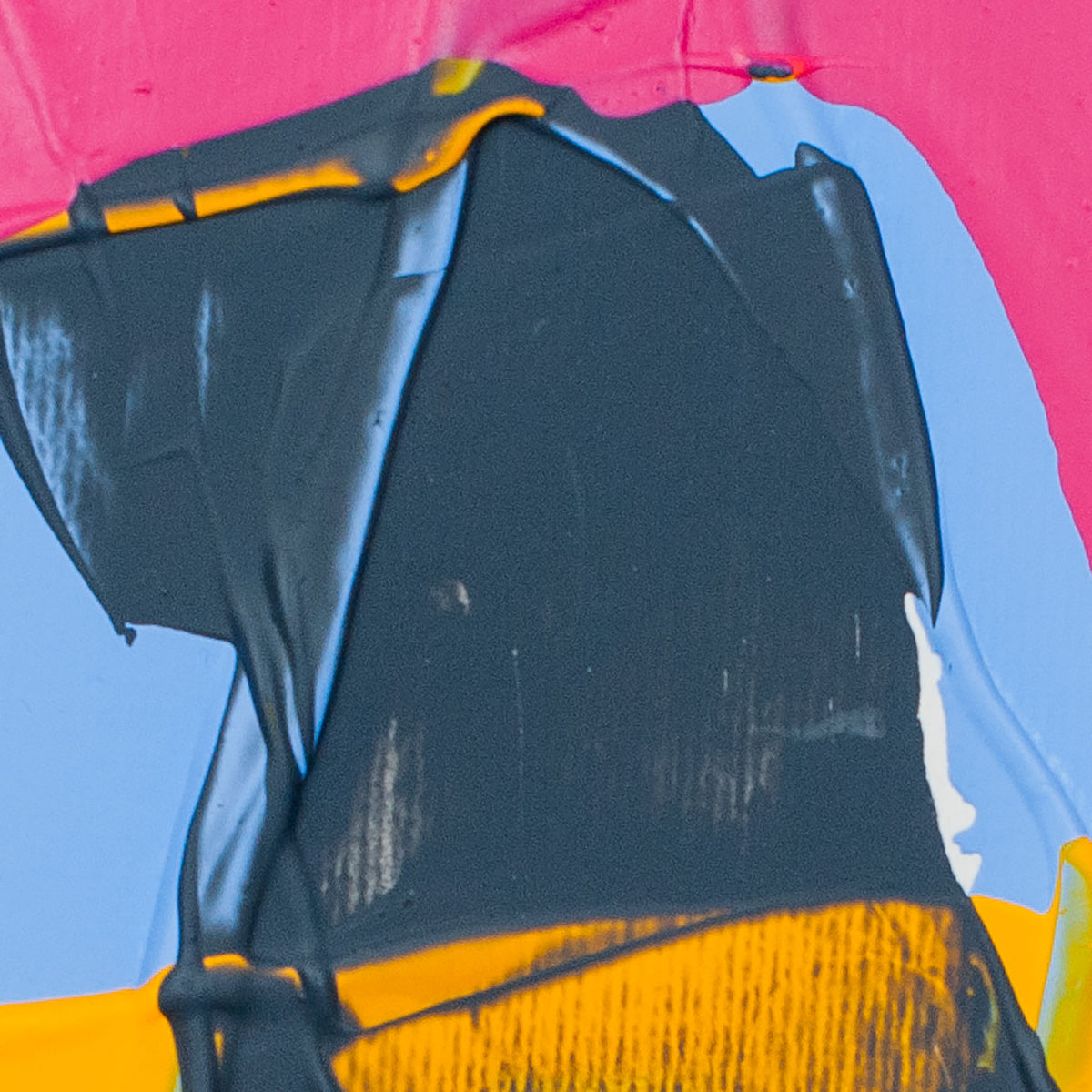 Abstract close-up of textured paint with a large black area, pink at the top, light blue on the sides, and bright yellow/orange at the bottom.