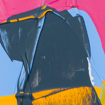 Abstract close-up of textured paint with a large black area, pink at the top, light blue on the sides, and bright yellow/orange at the bottom.