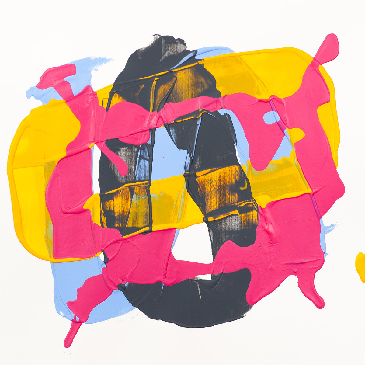 Abstract expressionist painting featuring bold, layered drips and blocks of hot pink, yellow, black, and light blue paint on a white canvas.