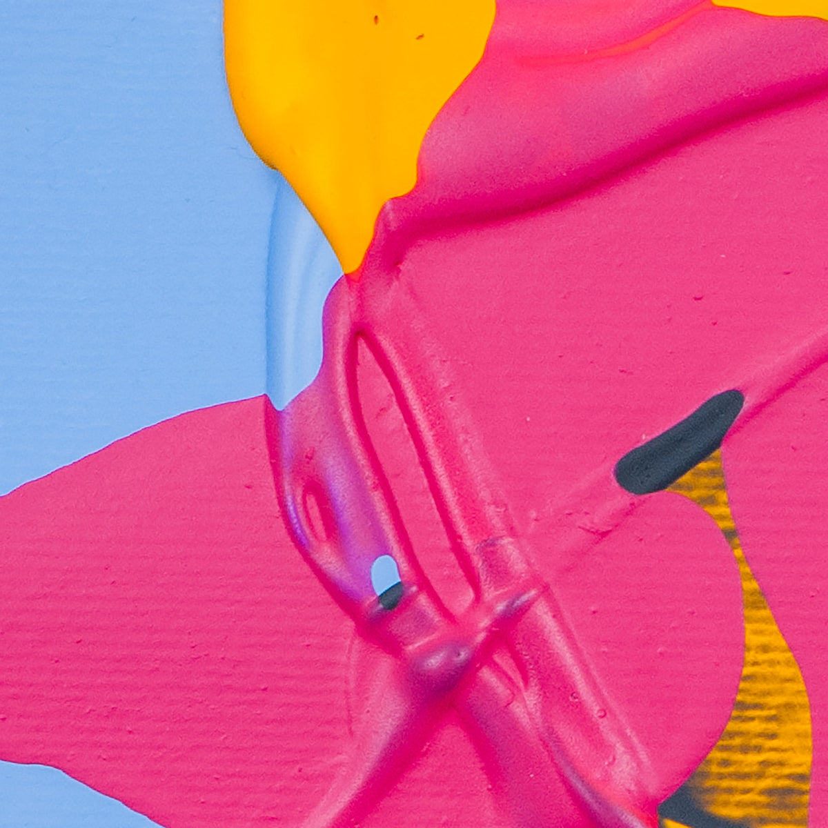Abstract colorful artwork with thick textured paint strokes in bright pink, light blue, yellow, and small black accents.