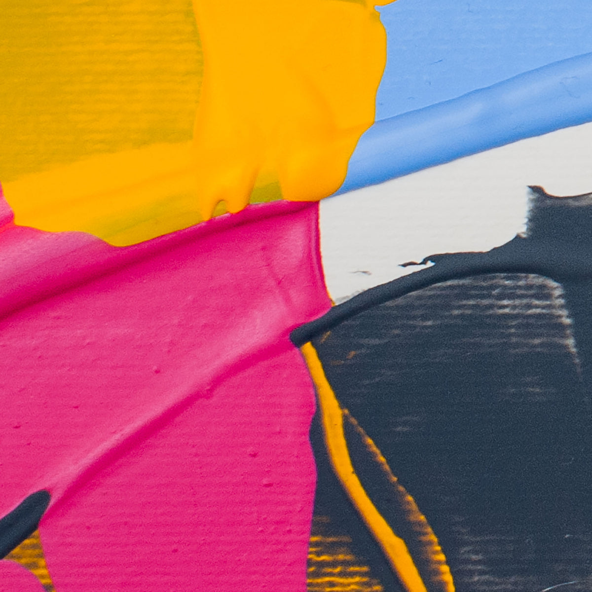 Abstract close-up of thick paint strokes in bright pink, yellow, blue, white, and dark charcoal/black, with visible canvas texture.