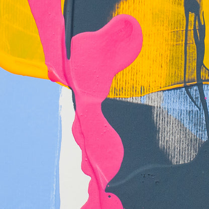 Abstract painting with bold brushstrokes in bright pink, yellow, navy blue, light blue, white, and gray, featuring a dripping pink shape over layered color fields.