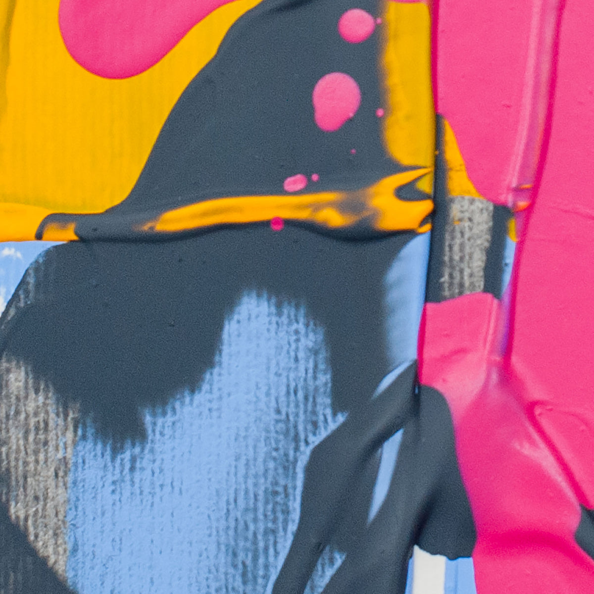 Abstract paint-splattered artwork with bold blocks of hot pink, yellow, charcoal gray, light blue, and black.