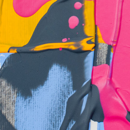 Abstract paint-splattered artwork with bold blocks of hot pink, yellow, charcoal gray, light blue, and black.