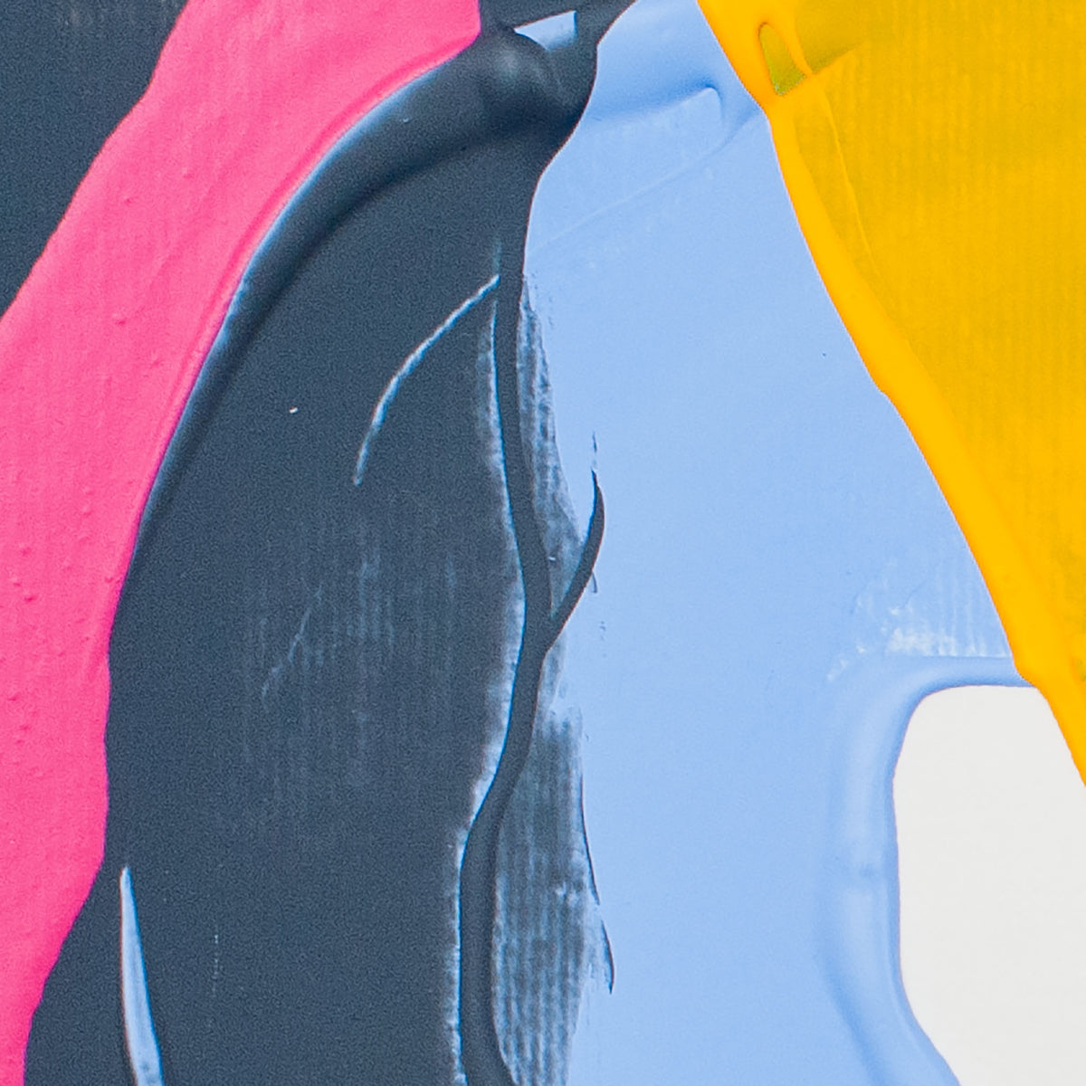 Abstract painted composition with bold blocks of pink, black, light blue, yellow, and white, showing thick textured brushstrokes and drips.