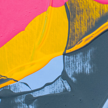 Abstract paint texture with thick layers of bright pink, yellow, dark gray, light blue, and black.