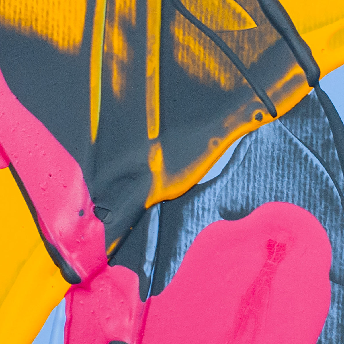 Abstract close-up of colorful paint or material textures in bright pink, yellow, charcoal gray, and light blue.