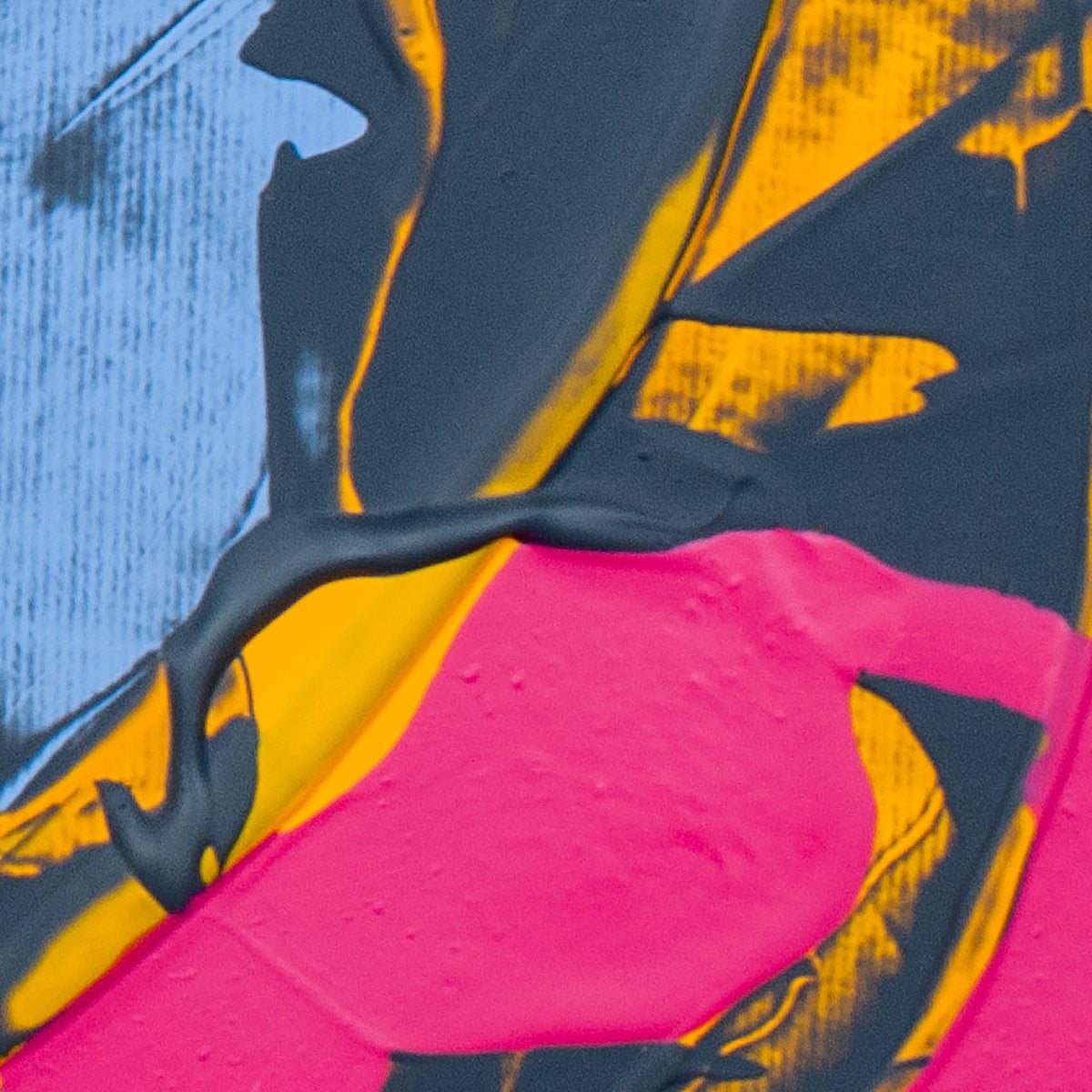 Abstract close-up of thick textured paint with bold strokes in bright pink, mustard yellow, slate blue, and dark charcoal gray.