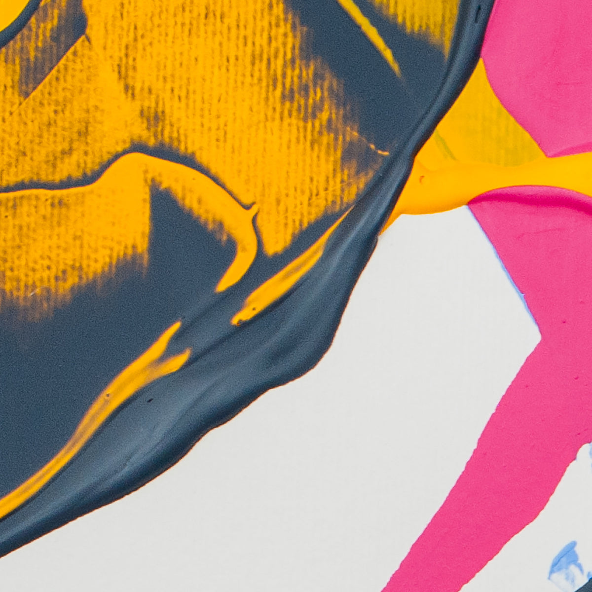 Abstract close-up of thick paint with dark navy, bright yellow, hot pink, and white areas layered together.