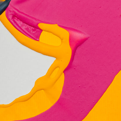 Abstract close-up of thick textured paint with bright pink and yellow shapes on a white background.