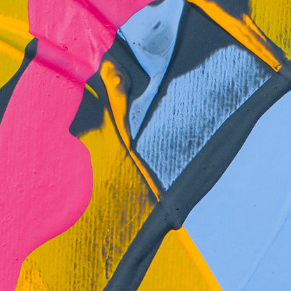 Close-up of an abstract painting with hot pink, yellow, light blue and dark charcoal brushstrokes and textured paint.