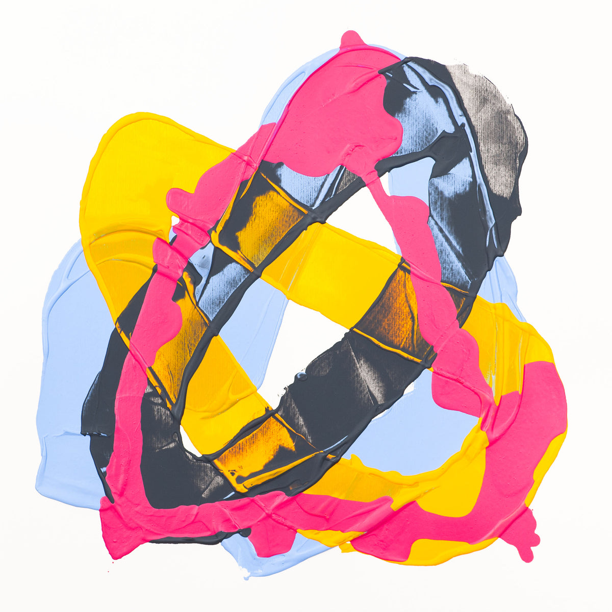 Abstract art print featuring thick, layered paint strokes in bright pink, yellow, light blue, black, and gray on a solid white background.