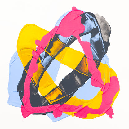 Abstract art print featuring thick, layered paint strokes in bright pink, yellow, light blue, black, and gray on a solid white background.